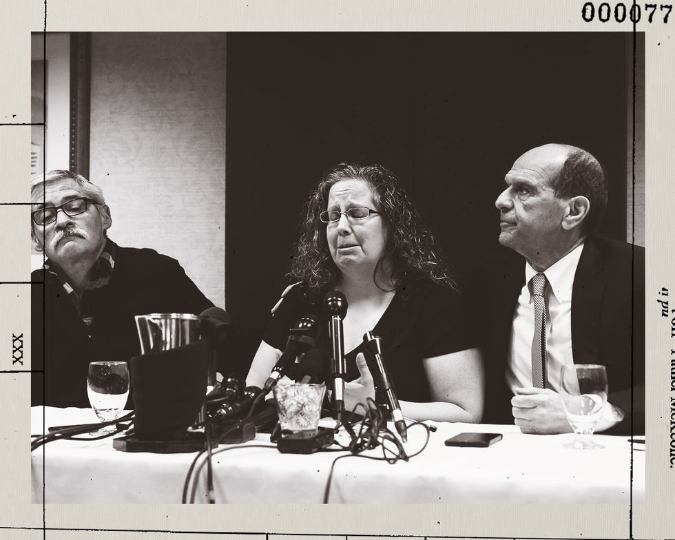 MacPherson (center) with Garabedian (right) and fellow sexual abuse survivor Robert Costello (left) at a press conference in 2017. Getty Images