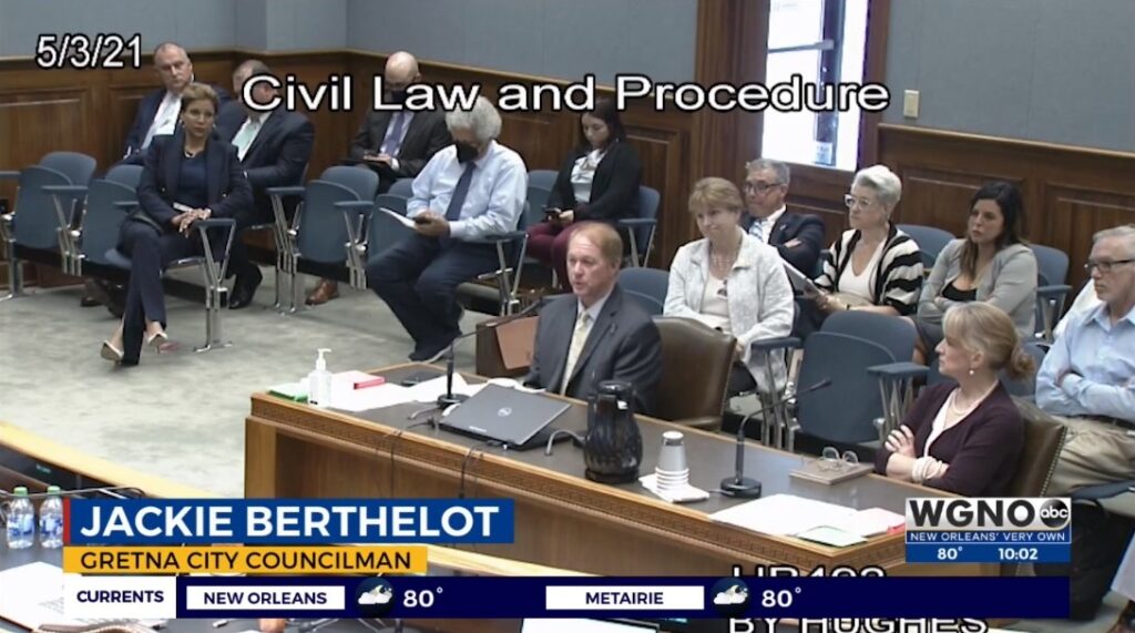 Gretna Councilman Jackie Berthelot testifies. Screen shot.