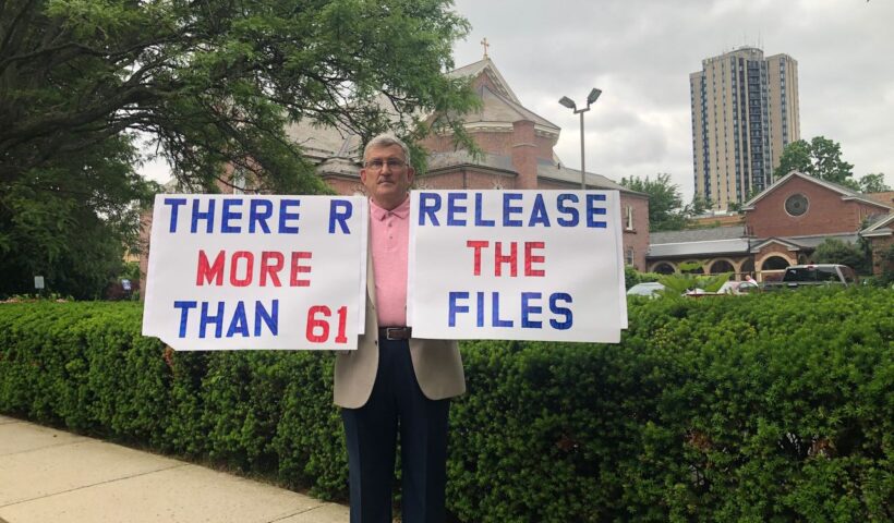 Robert M. Hoatson, founder of the clergy abuse victims advocacy group Road to Recovery, protests outside St. Michael's Cathedral in Springfield on June 3, 2021. (Stephanie Barry photo)