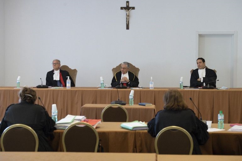 Judges are pictured in the new multifunction room at the Vatican Museums during the trial of two priests by the Vatican City State court June 7, 2021. (CNS photo/Vatican Medi