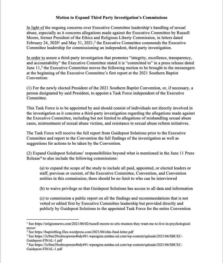 Motion to expand review, voted down by SBC Executive Committee, as posted on Twitter by Jared C. Wellman with the comment:   "The Executive Committee just voted down the opportunity to even discuss this motion.  Lord, have mercy."