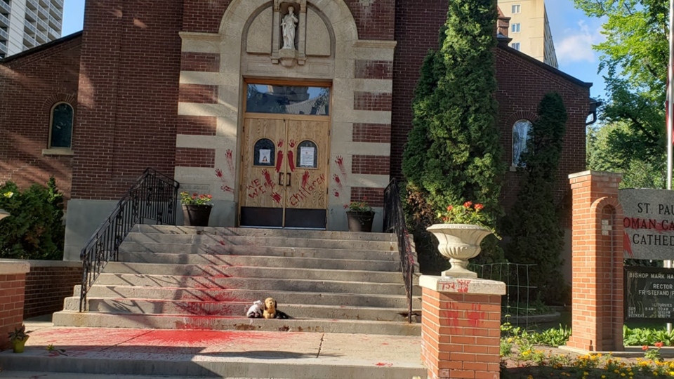 (A photo shared on social media shows graffiti scrawled on a Saskatoon church. (Facebook/Donna Heimbecker)