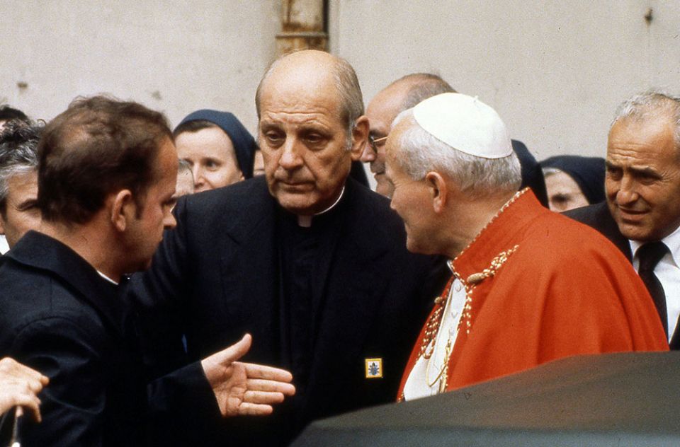 Archbishop Paul Marcinkus, center, is seen with Pope John Paul II in an undated file photo. (CNS / Catholic Press Photo)