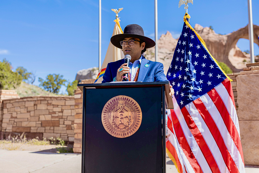 Navajo Nation President Buu Nygren speaks at the Navajo Nation Veterans Memorial Park in Window Rock, Arizona, where he signed legislation approving a water rights settlement for the Colorado River this May. "This apology by the Catholic bishops is welcomed, although sad," said Nygren. "It is sad to think that the people our grandparents, great-grandparents and the people who came before them placed their trust in left them with lifelong scars. We now know that trauma is generational." (Courtesy of the Navajo Nation)