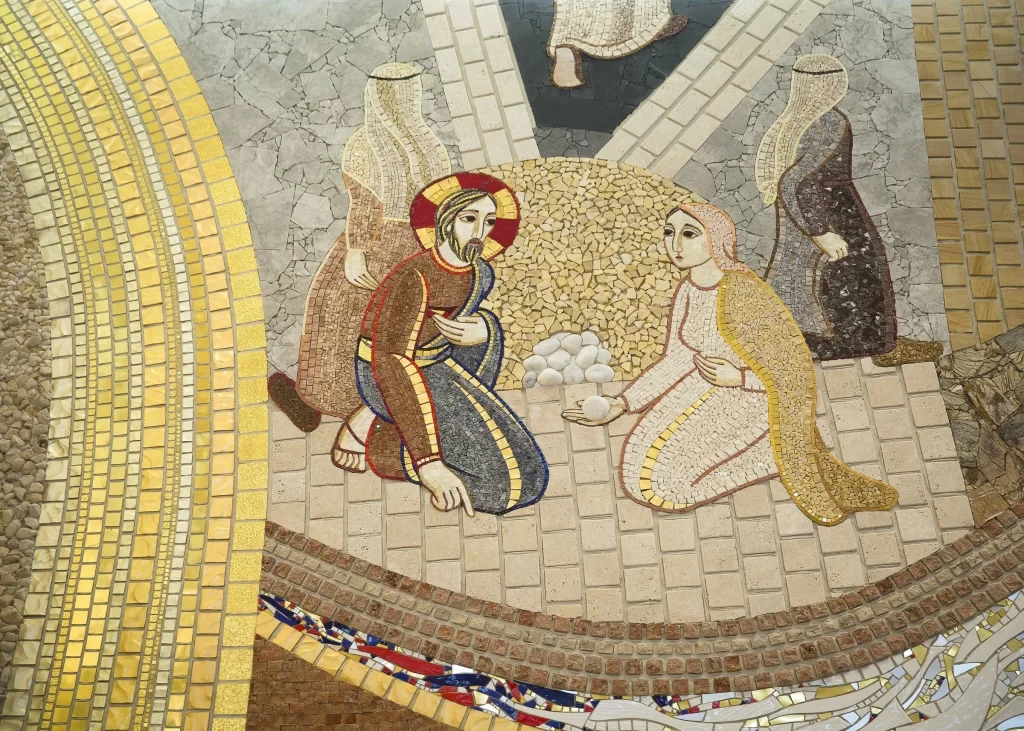 A mosaic by Father Marko Rupnik illustrating the Gospel story of Jesus' encounter with the woman caught in adultery is pictured in a file photo at the St. John Paul II National Shrine in Washington. The Knights of Columbus announced July 11, 2024, it will cover mosaics by ex-Jesuit Father Mark Rupnik at the St. John Paul II National Shrine in Washington and the Holy Family Chapel at the Knights' headquarters in New Haven, Conn. (OSV News photo/CNS file, Tyler Orsburn)