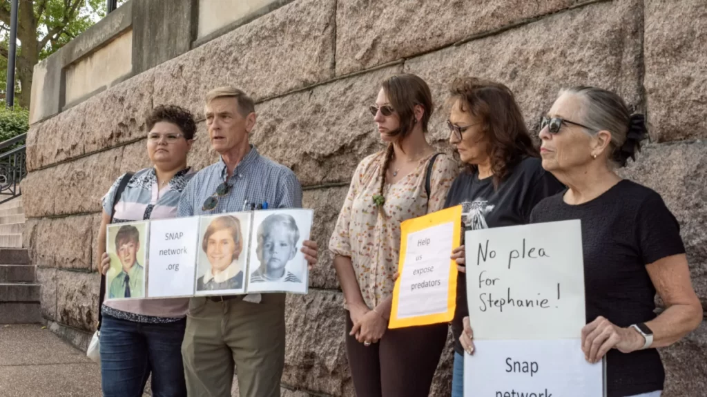 Advocates with the Survivors Network of those Abused by Priests speak in front of the Missouri Supreme Court on July 17, 2024, before delivering a letter to Missouri Attorney General Andrew Bailey.