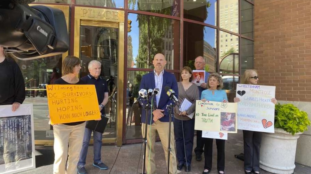 A SNAP news conference on Wednesday, September 4, 2024, outside the Maryland attorney general's Baltimore office, including David Schappelle (speaking), and to his left, Teresa Lancaster, David Lorenz (SNAP's Maryland Director), and Betsy Schindler.