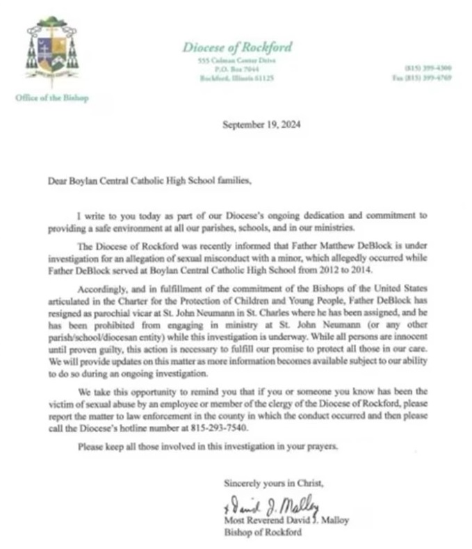 Letter sent to Boylan Catholic High School families regarding the investigation into Matthew DeBlock.