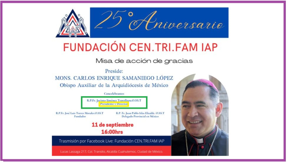 An invitation to a thanksgiving mass presided by an auxiliary bishop in Mexico City, it displays Jacinto's titles.