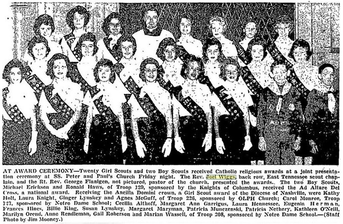 In an April 29, 1961, clipping from the Chattanooga News-Free Press, the Rev. Joel Wiggs is shown, back row, fourth from left. The photo shows 20 Girl Scouts and two Boy Scouts receiving Catholic religious awards at Sts. Peter and Paul's Church.