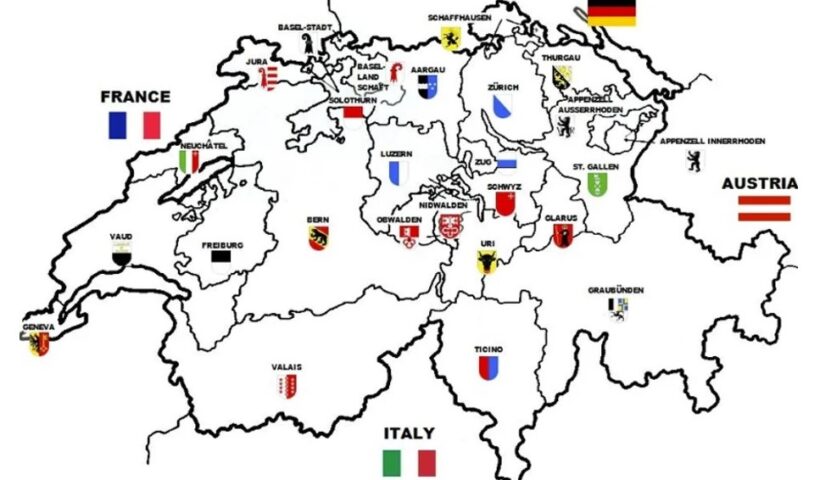 A map showing Switzerland and its cantons. Dmmaos via Wikimedia (CC BY-SA 3.0).