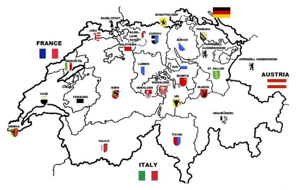 A map showing Switzerland and its cantons. Dmmaos via Wikimedia (CC BY-SA 3.0).