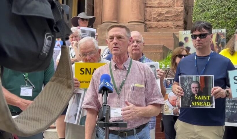 David Clohessy’s SNAP work has taken him around the country. Here he leads a 2023 press conference outside a Catholic church in Washington, D.C. (Courtesy | SNAP)