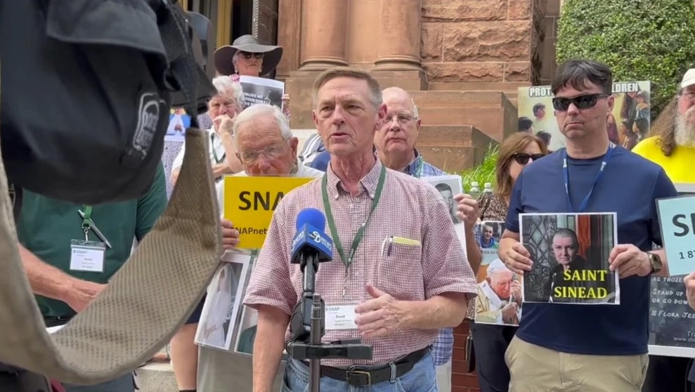 David Clohessy’s SNAP work has taken him around the country. Here he leads a 2023 press conference outside a Catholic church in Washington, D.C. (Courtesy | SNAP)