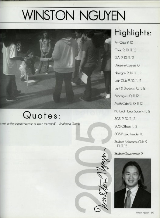 Winston Nguyen’s yearbook page from Episcopal High School in Houston.