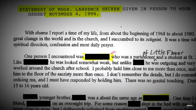 A screen shot of a November 4, 1999 statement given by Msgr. Lawrence A. Hecker to Msgr. Ray P. Hebert, Executive Director of the Department of the Clergy of the Archdiocese of New Orleans, about Hecker's abuse of boys.