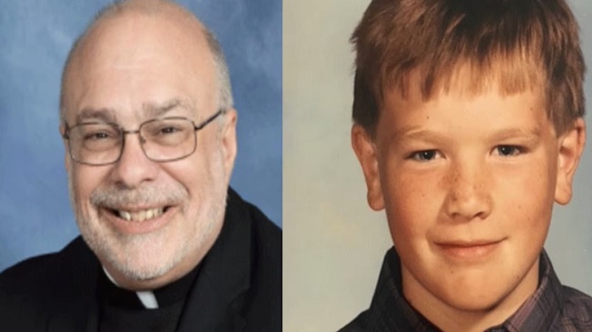 Geoff Drew was a priest in the Archdiocese of Cincinnati when he was convicted in 2019 of raping Paul Neyer (right), pictured as a boy at St. Jude School more than 30 years ago, when Drew sexually abused Neyer when Drew was a music minister there. Drew was ordained a priest in 2004 but was '"laicized" after his conviction. (Provided)