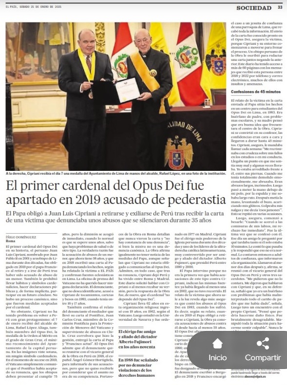 El primer cardinal del Opus Dei fue apartado en 2019 acusado de pederastia, El Pais, January 25, 2025