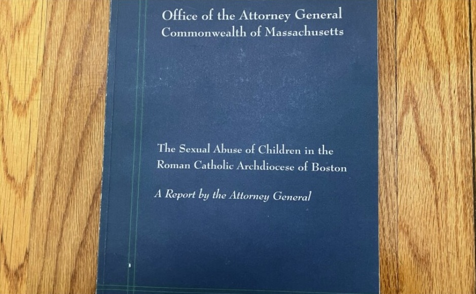 A copy of a 2003 report on an investigation into the sexual abuse of children at the Roman Catholic Archdiocese of Boston, by the office of then-Massachusetts Attorney General Thomas Reilly. Nancy Eve Cohen / NEPM