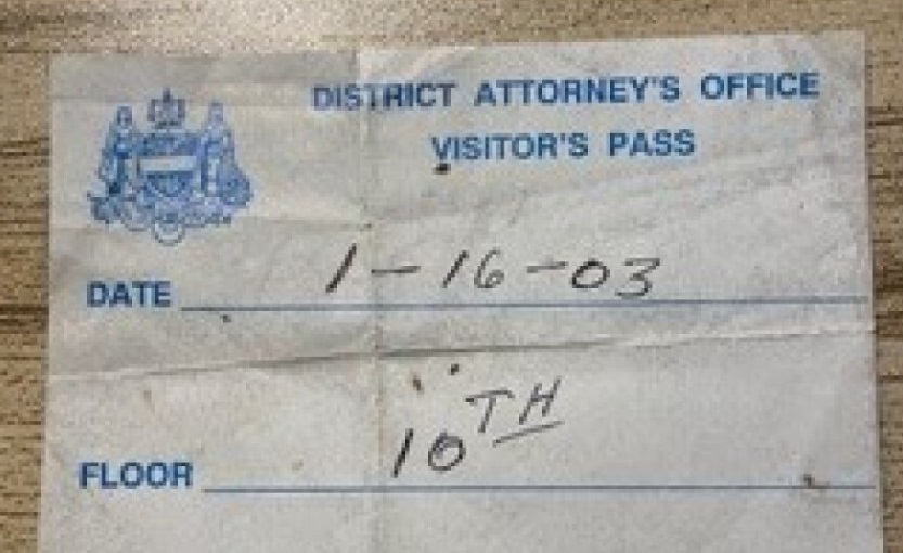 Mark Basquill saved this visitor's pass from January 16, 2003, when he testified before a grand jury convened by the Philadelphia district attorney's office to investigate child sexual abuse at the Archdiocese of Philadelphia. Mark Basquill / Submitted