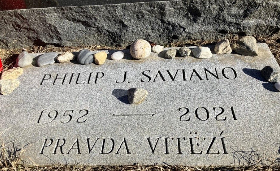 The grave of Phil Saviano in Douglas, Massachusetts. Saviano was an outspoken survivor of clergy sexual abuse who started the New England chapter of SNAP, Survivors Network of those Abused by Priests. Pravda Vitëzí means "truth prevails" in Czech. Nancy Eve Cohen / NEPM