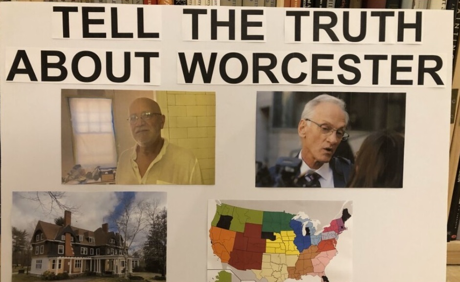 A sign held by picketers outside the Massachusetts attorney general's office on July 17, 2023. The protesters were asking for the release of a report on the office's investigation into child sexual abuse at the Worcester, Springfield and Fall River dioceses. Skip Shea, a survivor of abuse at the Worcester Diocese, is pictured on the top left. Another survivor, the late Phil Saviano (right), founded the New England chapter of SNAP, Survivors Network of those Abused by Priests. Terry McKiernan / courtesy BishopAccountability.org