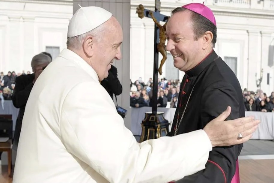 Bishop Gustavo Oscar Zanchetta is greeted by Pope Francis. Image via Vatican media.