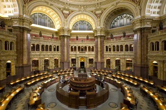 The main reading room of the Thomas Jefferson Building, Library of Congress. Photo courtesy of the Library of Congress