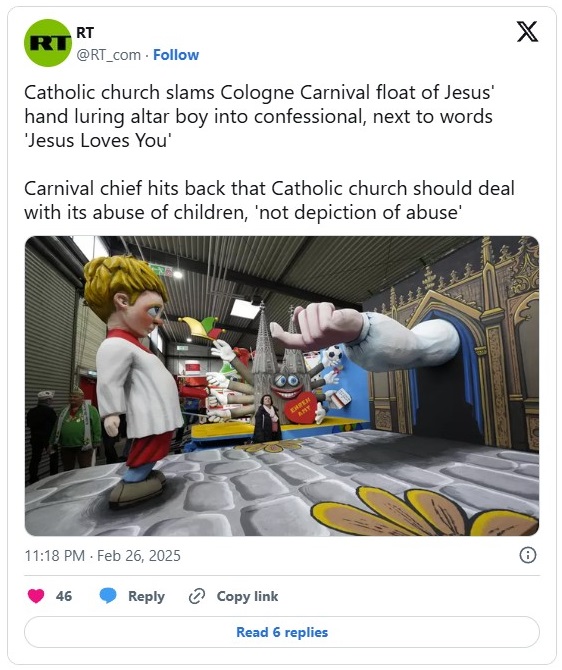 Catholic church slams Cologne Carnival float of Jesus' hand luring altar boy into confessional, next to words 'Jesus Loves You.' Carnival chief hits back that Catholic church should deal with its abuse of children, 'not depiction of abuse'