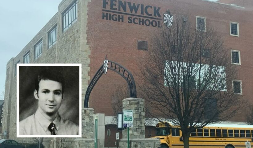 Former Fenwick High School teacher Matthew B. Dineen, shown against the backdrop of the Catholic school in Oak Park. Fenwick High Yearbook; Robert Herguth