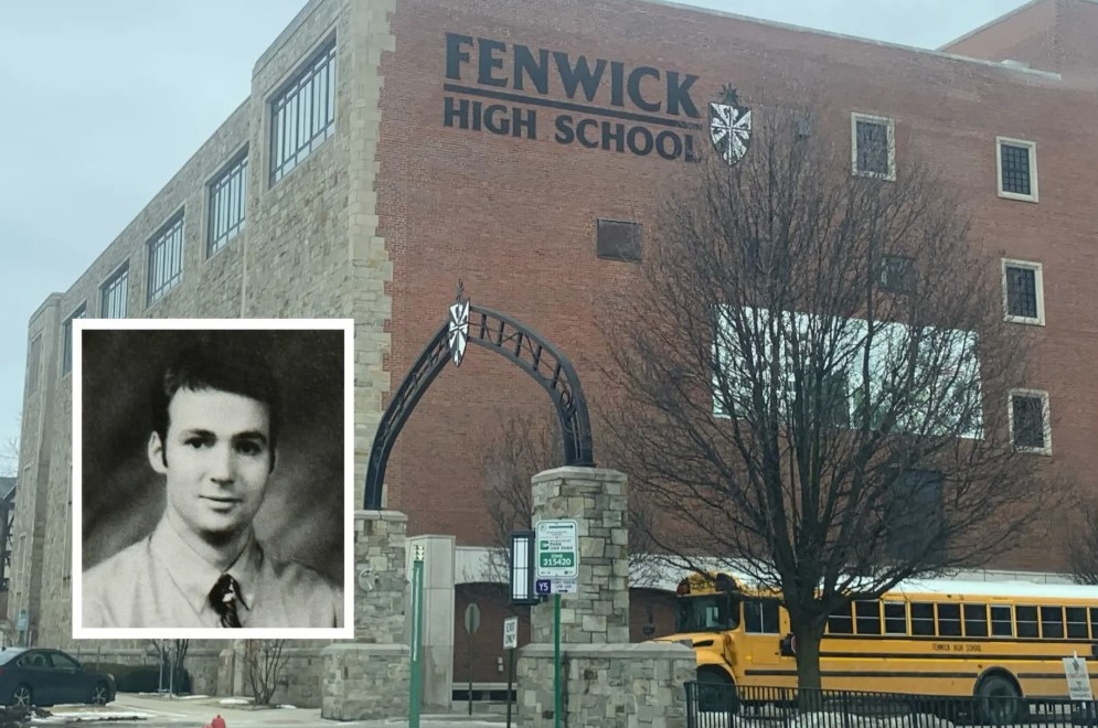 Former Fenwick High School teacher Matthew B. Dineen, shown against the backdrop of the Catholic school in Oak Park. Fenwick High Yearbook; Robert Herguth